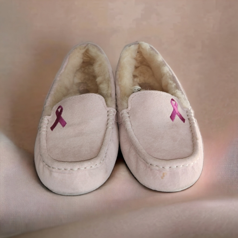 Pink UGG Moccasin Shoes with Breast Cancer symbol